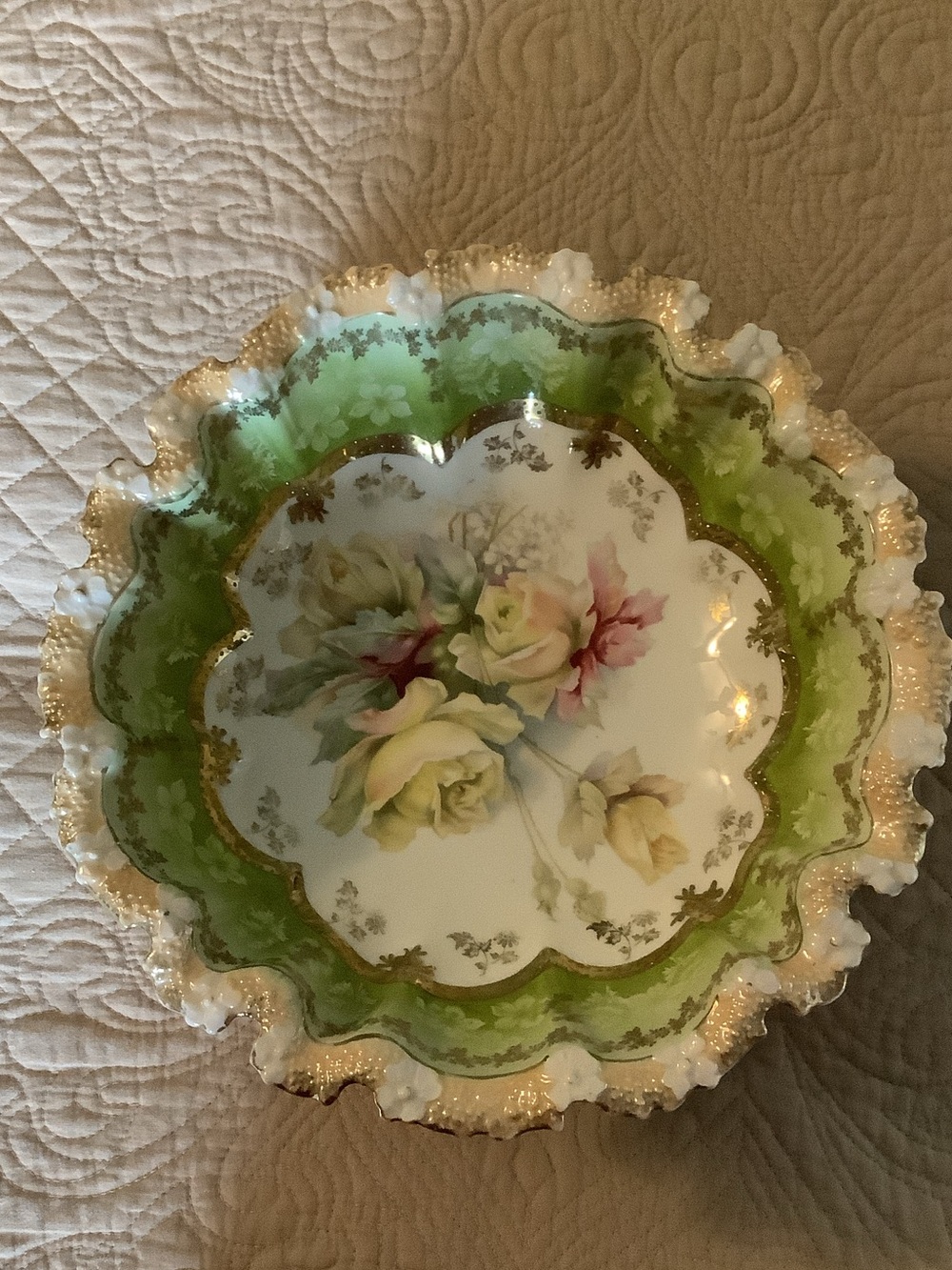 RS Prussia Hand-Painted Floral Porcelain Bowl in Green and Yellow with Gold Trim